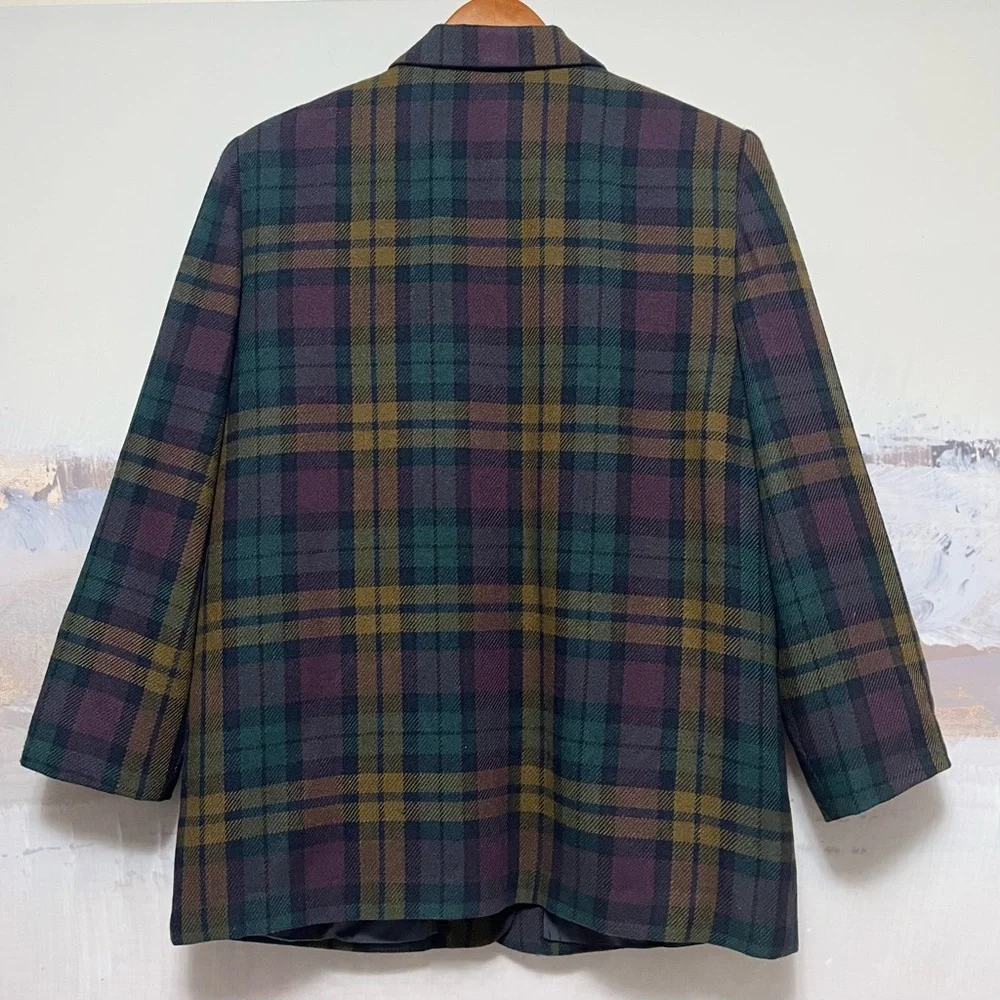 Vtg Requirements Wool Blend Blazer Womens Sz 16 Purple Green Tartan Plaid Jacket - Picture 2 of 16